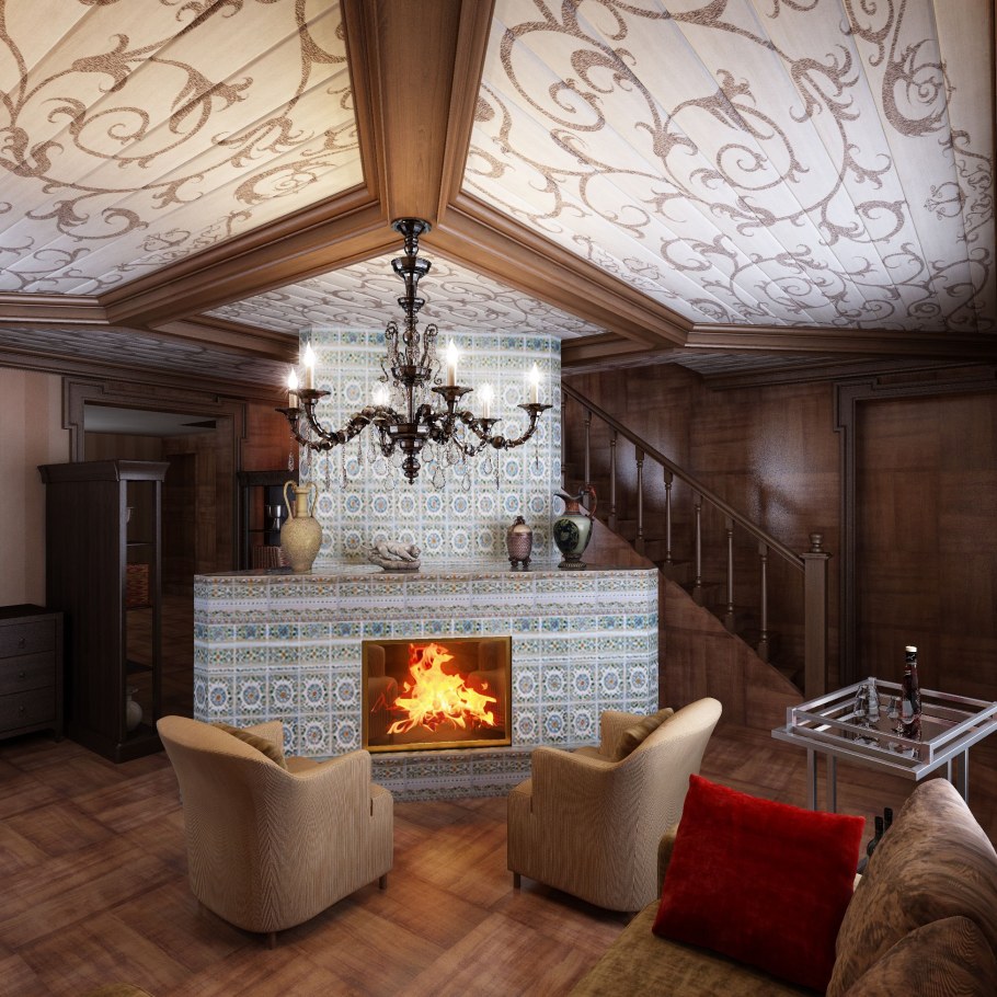 Гостиная на даче с камином