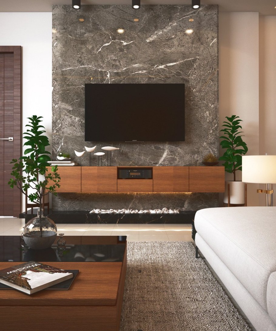 Керамогранит на стену в гостиной с телевизором