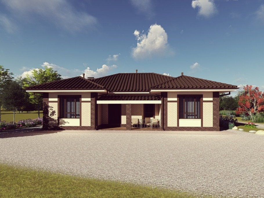 Дом в стиле Шале с четырехскатной крышей