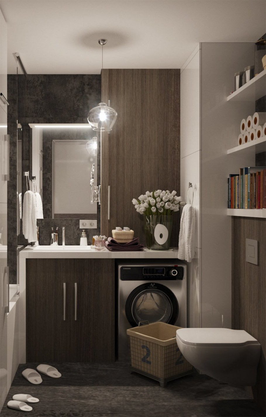 Интерьер ванной комнаты с туалетом и стиральной машиной