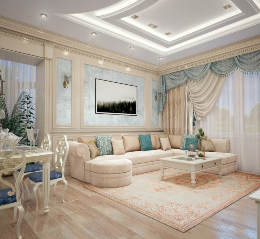 Зал в классическом стиле в светлых тонах