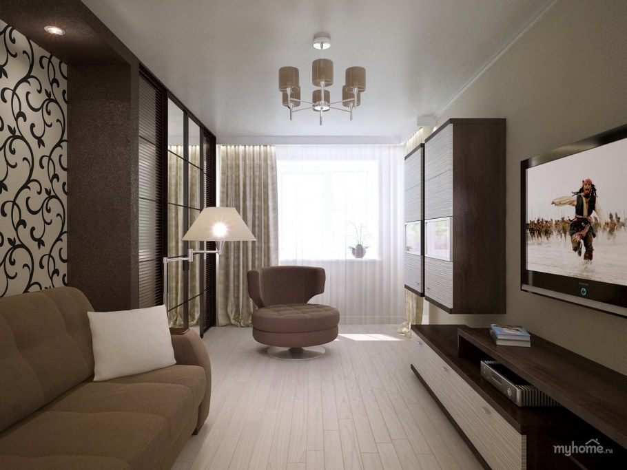 Интерьер узкой гостиной