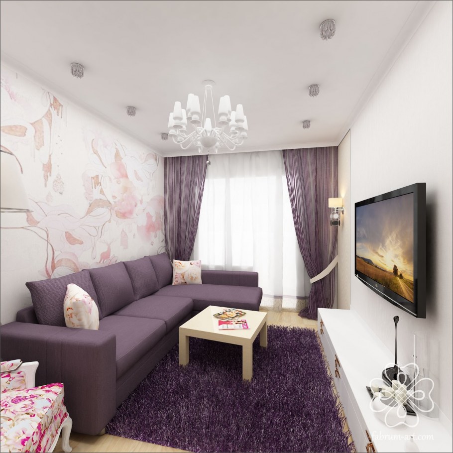 Интерьер маленькой гостиной в сиреневом цвете