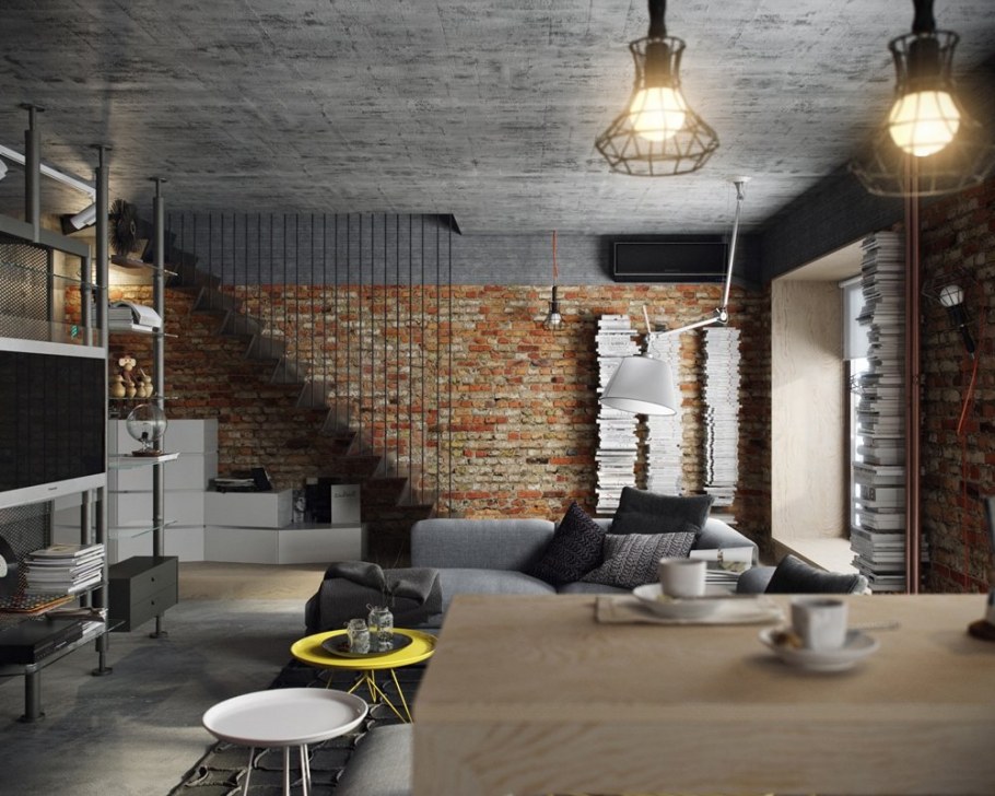 Индустриальный стиль Индастриал интерьер гостиная