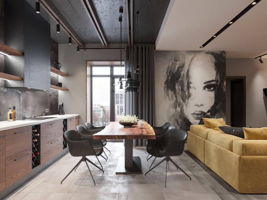 Интерьер кухни гостиной лофт