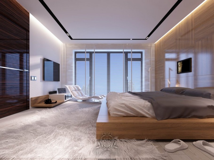 Спальня с панорамными окнами в доме