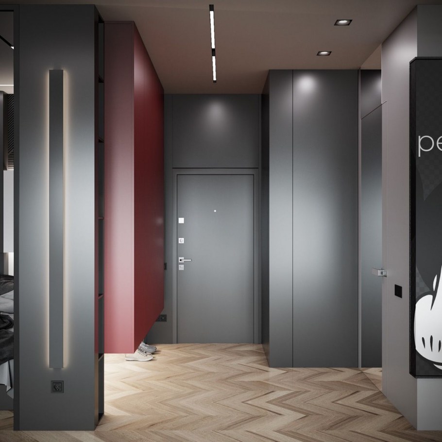 Белые двери в сером интерьере