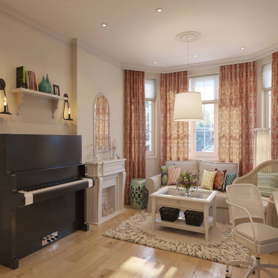 Гостиная с камином и пианино