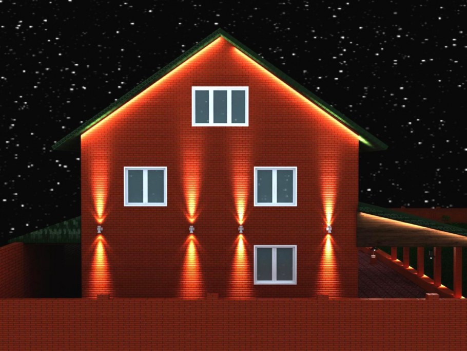 Освещение фасада деревянного дома