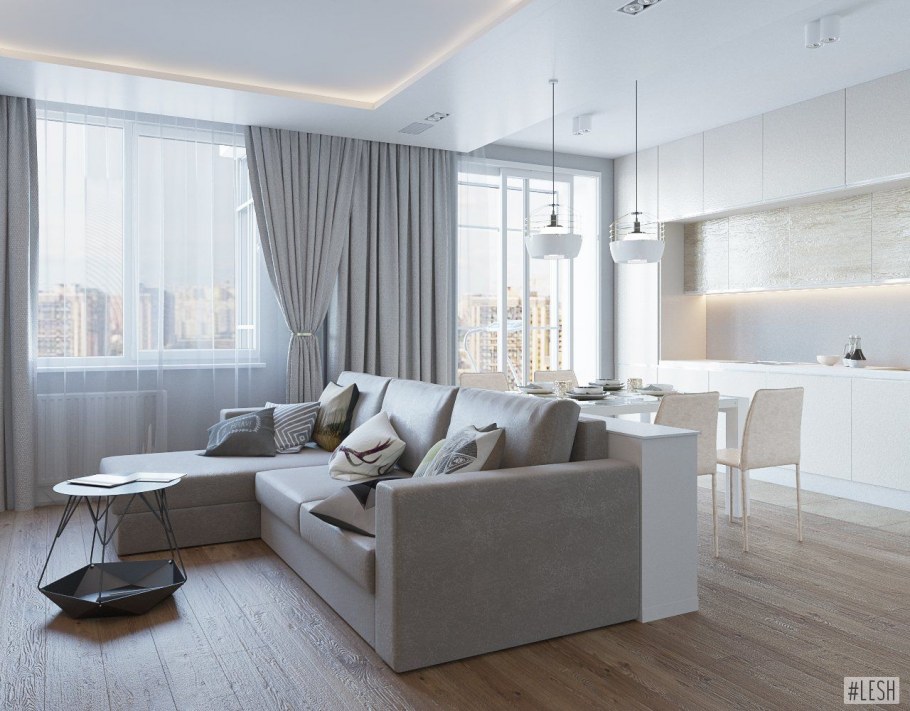 Бело серая кухня гостиная