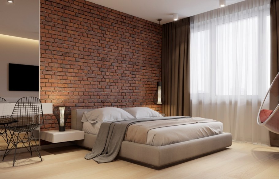 Кирпичная стена в спальне
