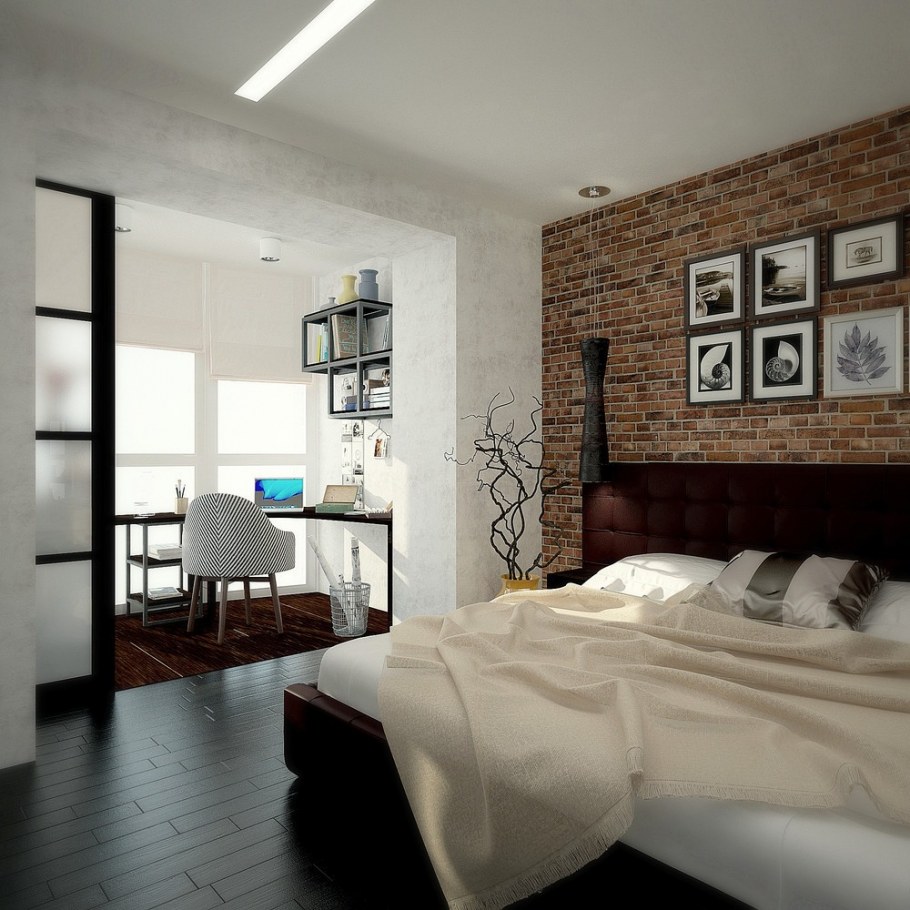 Спальня с балконом в стиле лофт