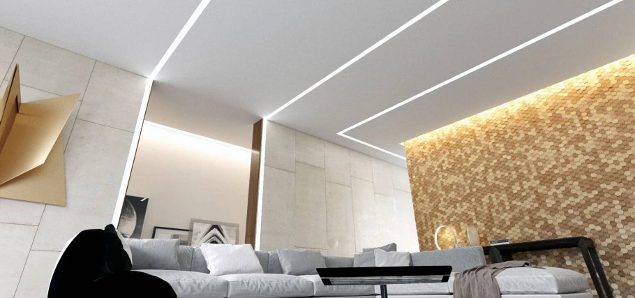 Натяжные потолки световые линии в интерьере