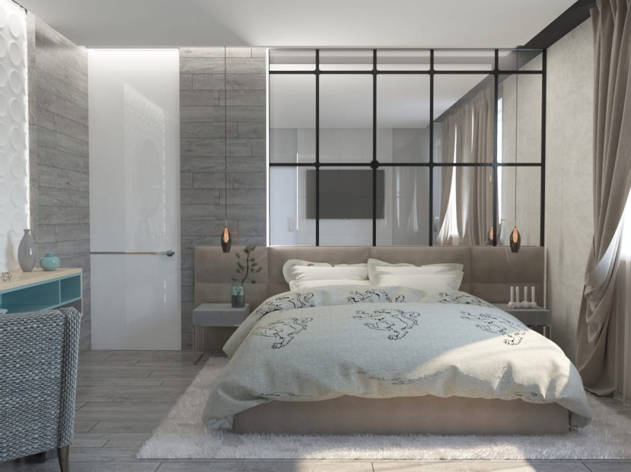 Спальня в стиле лофт в светлых