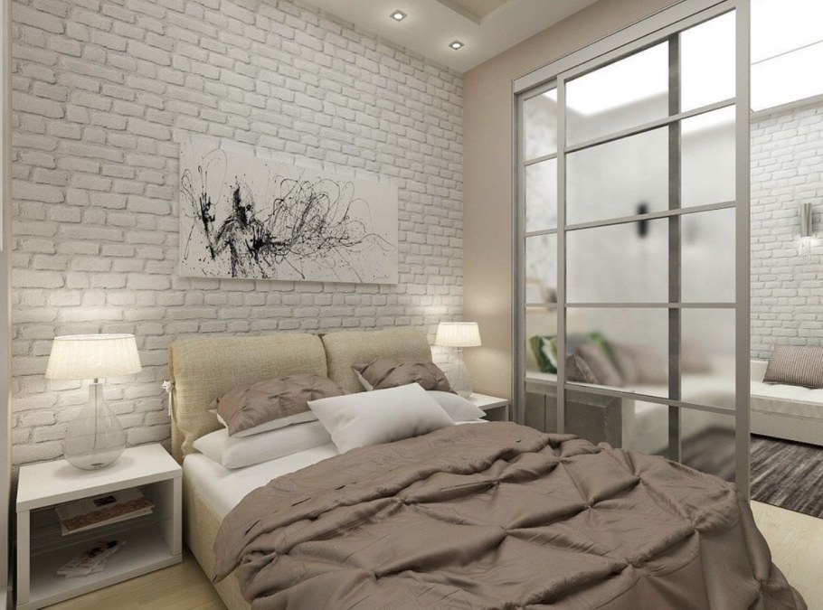 Белая кирпичная стена в спальне