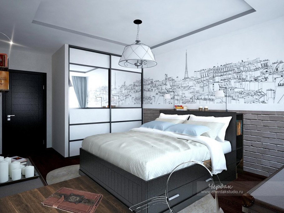 Спальня в стиле лофт в светлых