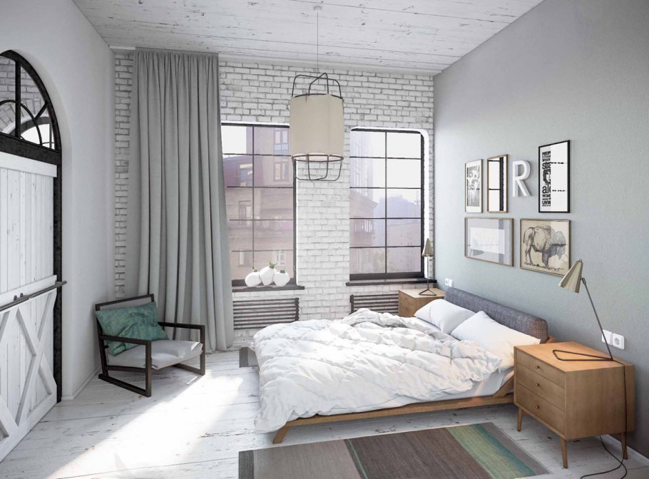 Белая спальня в стиле лофт