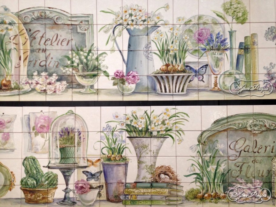 Стеклянный фартук для кухни в стиле Прованс