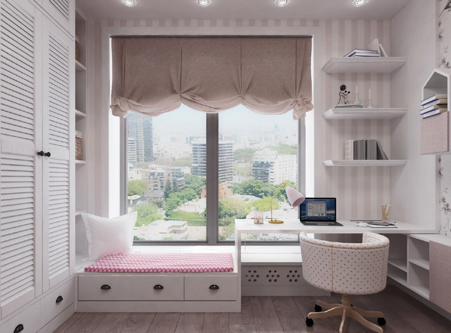 Шкаф вокруг окна в спальне