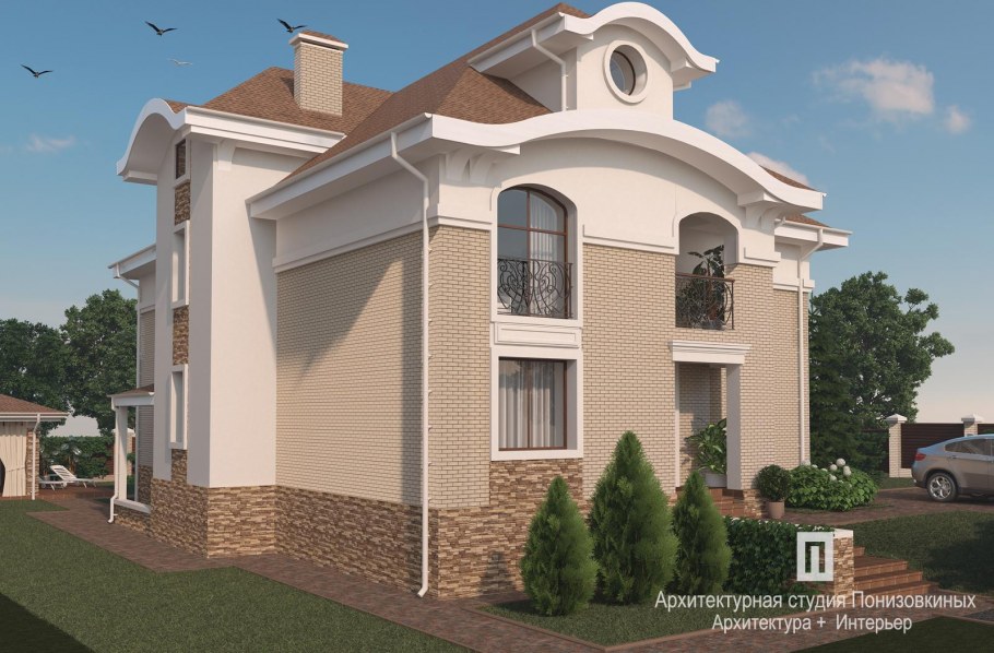 Фасад дома бежевый с персиковым