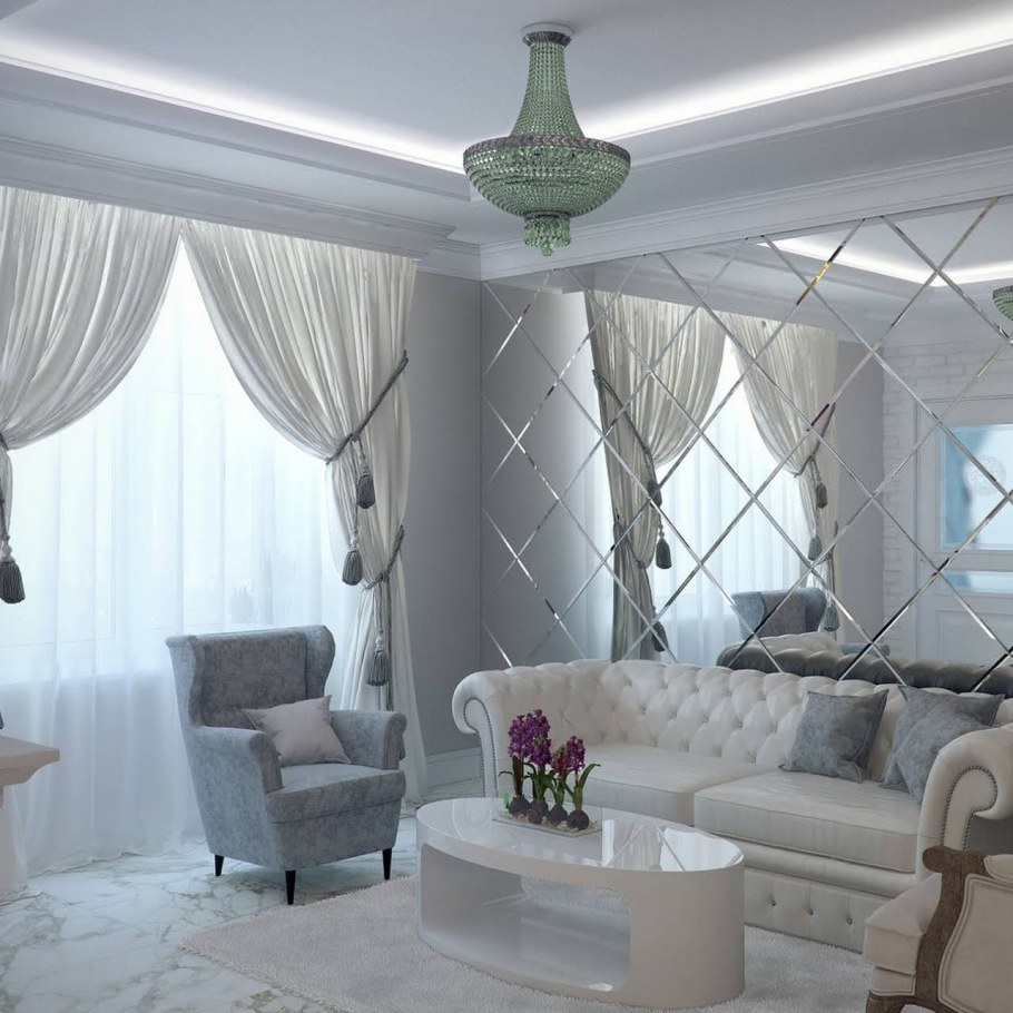 Зеркало над диваном в гостиной в интерьере