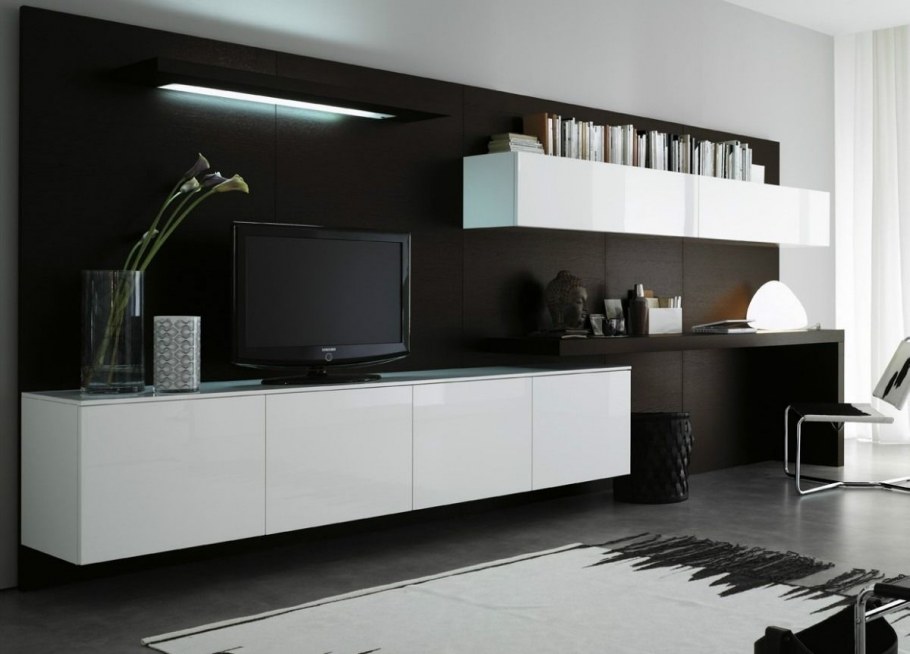 Стенка в гостиную с компьютерным столом в современном стиле