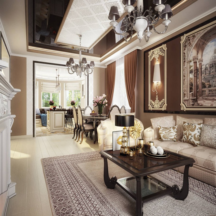 Гостиная в коттедже в классическом стиле