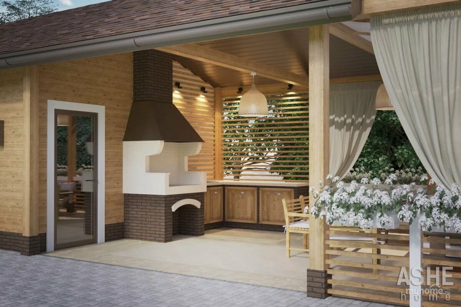 Баня с односкатной крышей и террасой и зоной барбекю