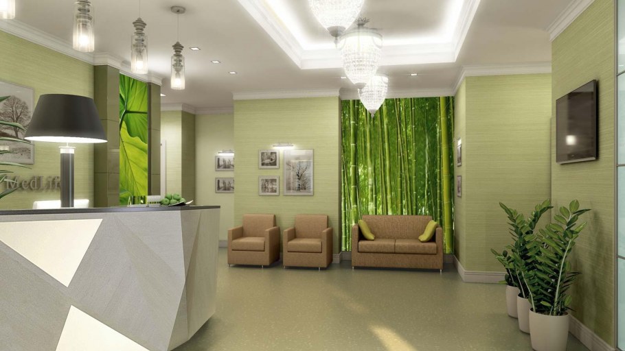 Интерьер клиники в зеленых тонах