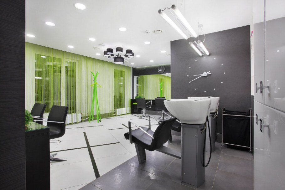 Интерьер серый с зеленым в салоне красоты