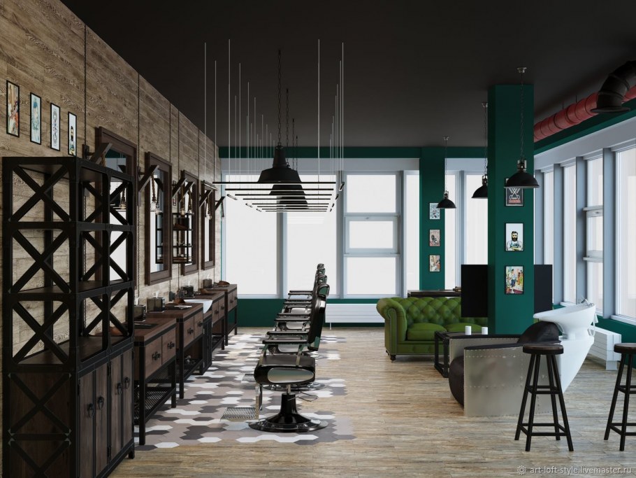 Интерьер барбершоп брутализм