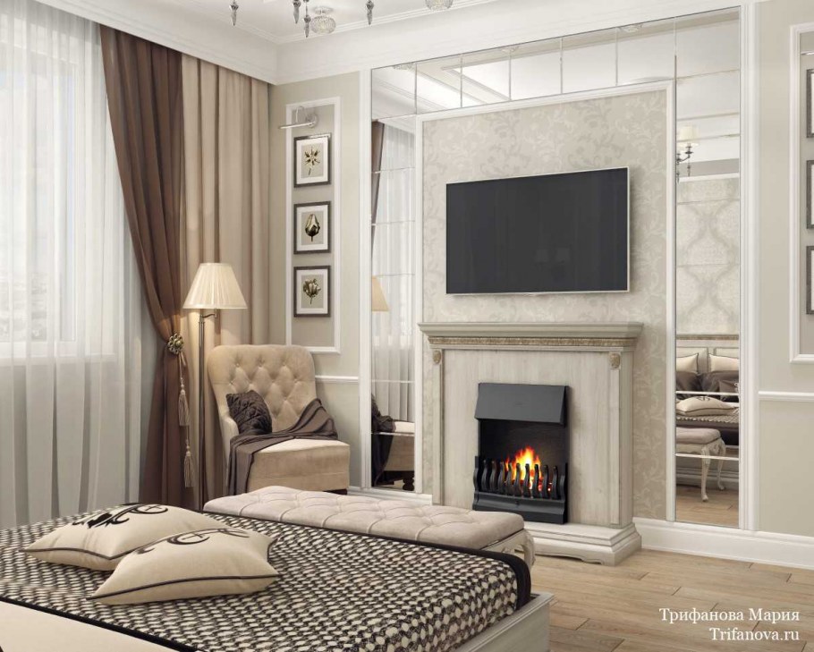 Гостиная спальня с камином