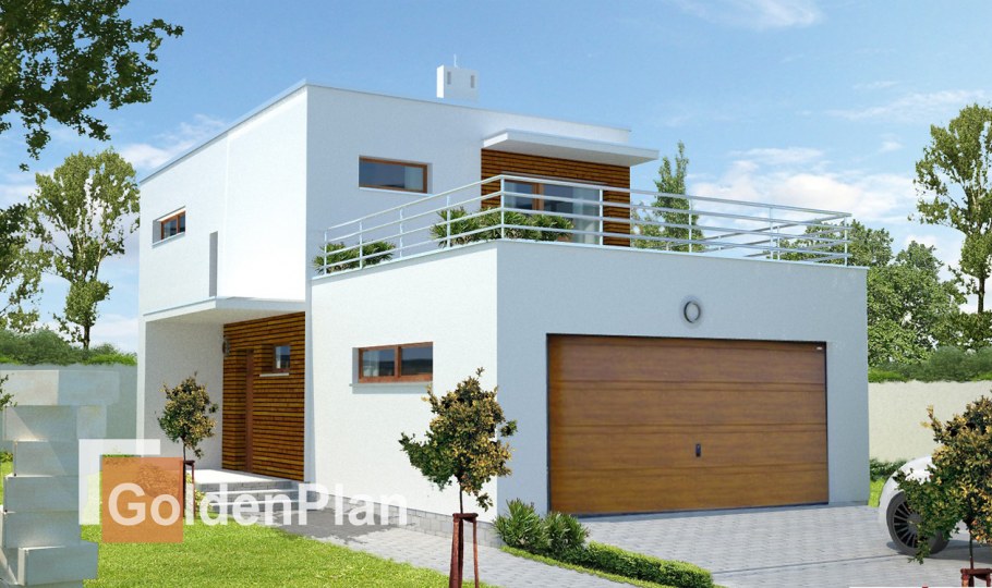 Двухэтажный дом с плоской крышей и террасой на крыше