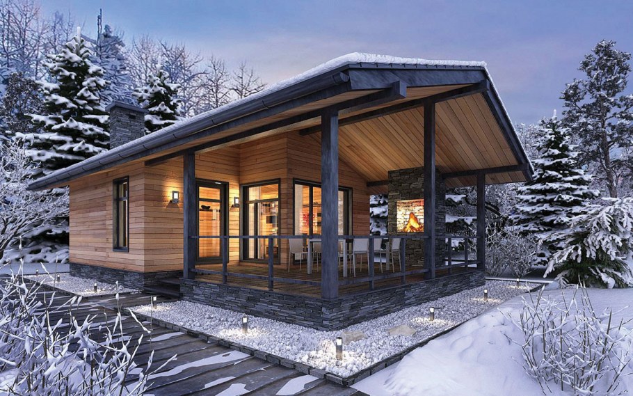 Баня с большой верандой из клееного бруса