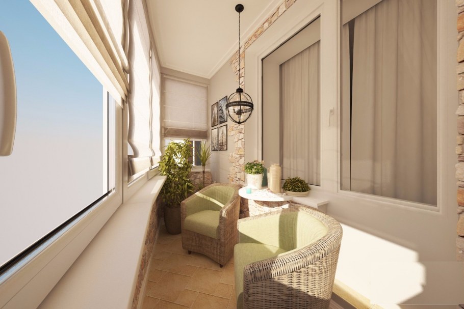 Интерьер балкона в светлых тонах