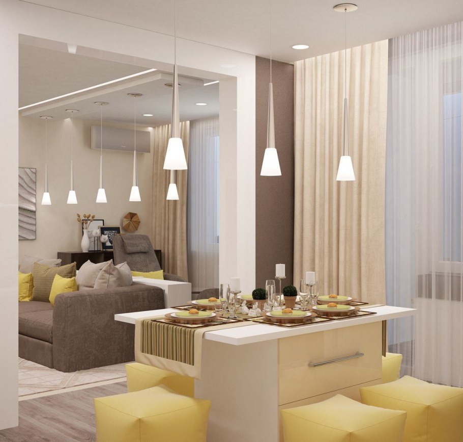 Гостиная в коричневых тонах с яркими акцентами