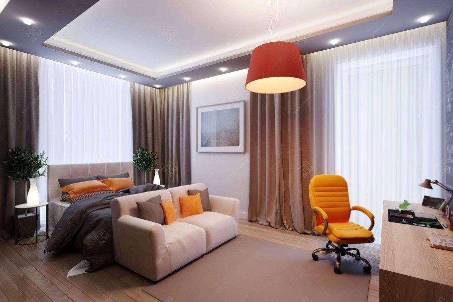 Гостиная в коричневых тонах с яркими акцентами