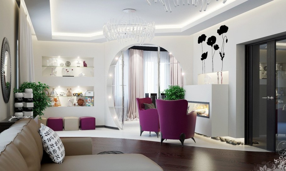 Бежевая гостиная в современном стиле с яркими