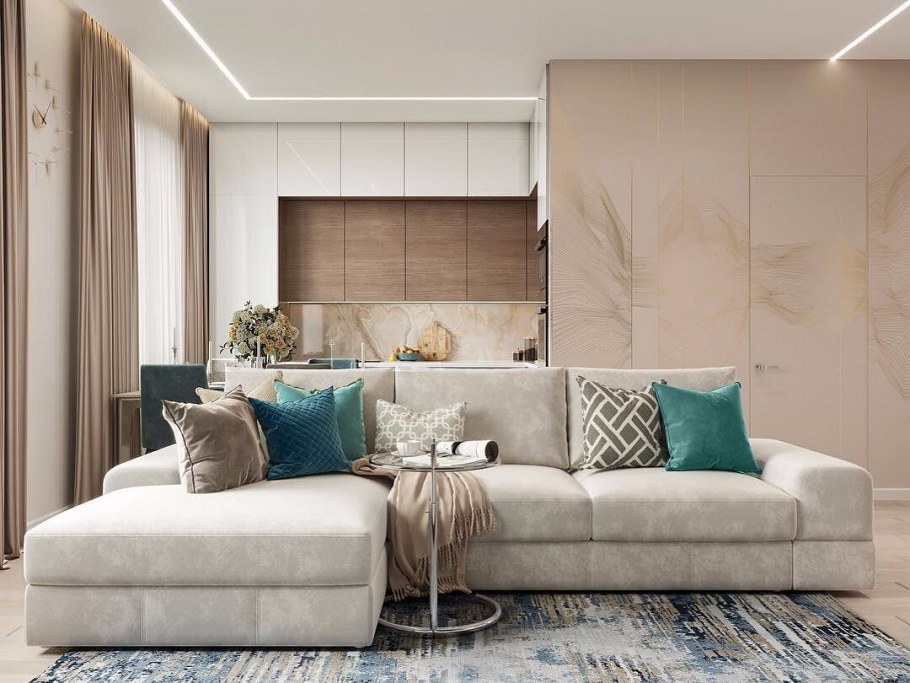 Бирюза в интерьере гостиной