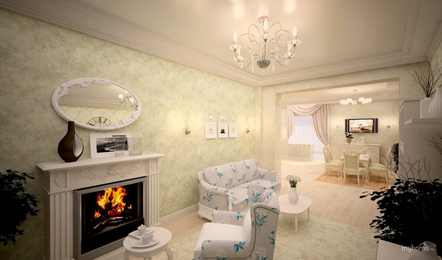 Гостиная с камином в стиле французский Прованс