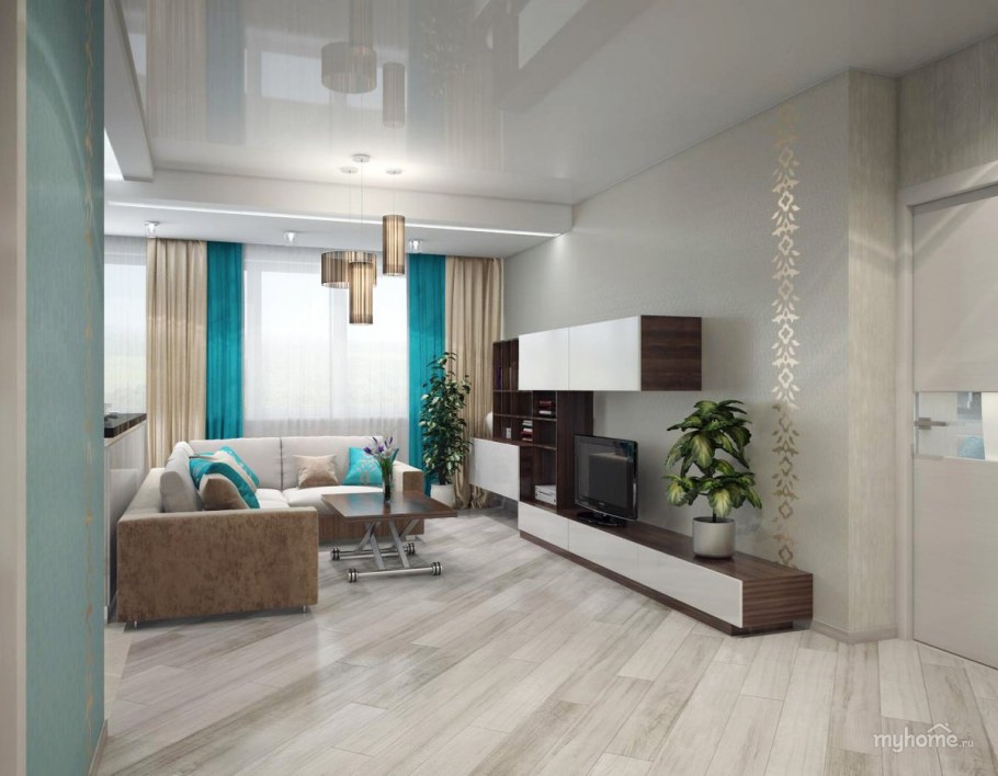 Гостиная в бежево бирюзовых тонах