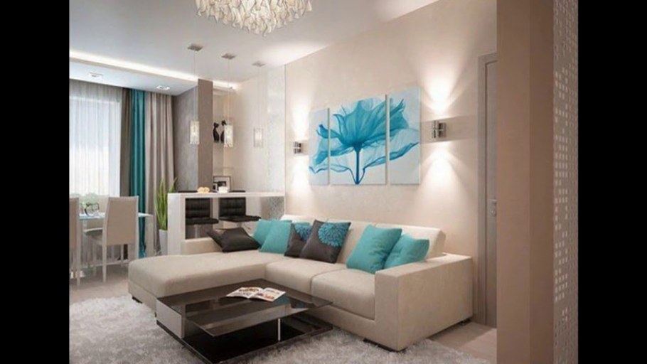 Гостиная в бежево бирюзовом цвете