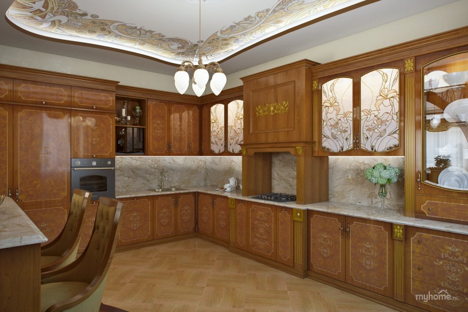 Кухня в теплых зеленых арт нуво