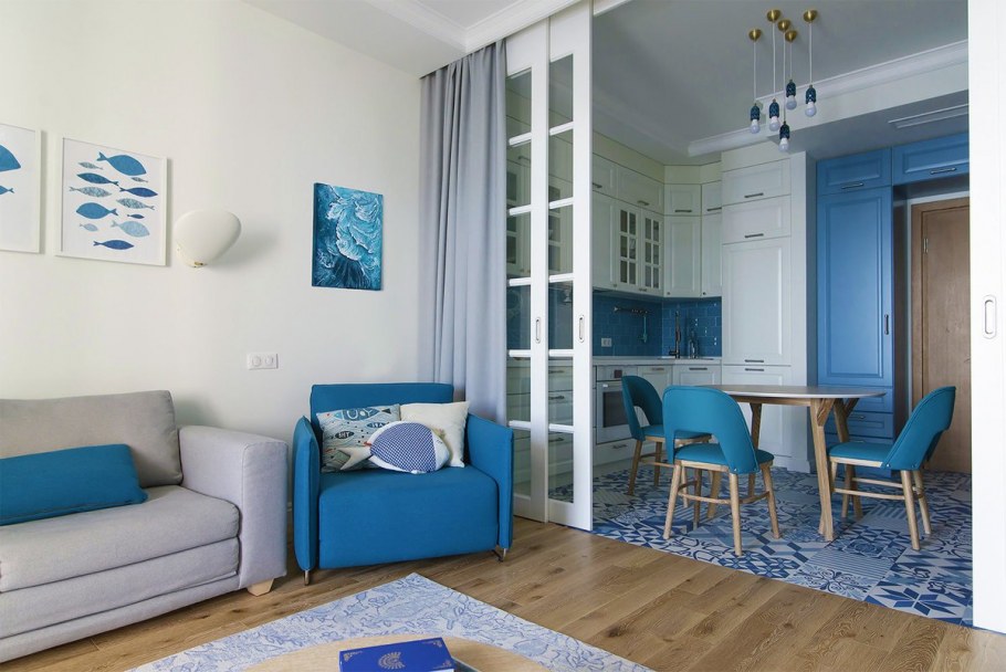 Интерьер квартиры однокомнатной в морском стиле
