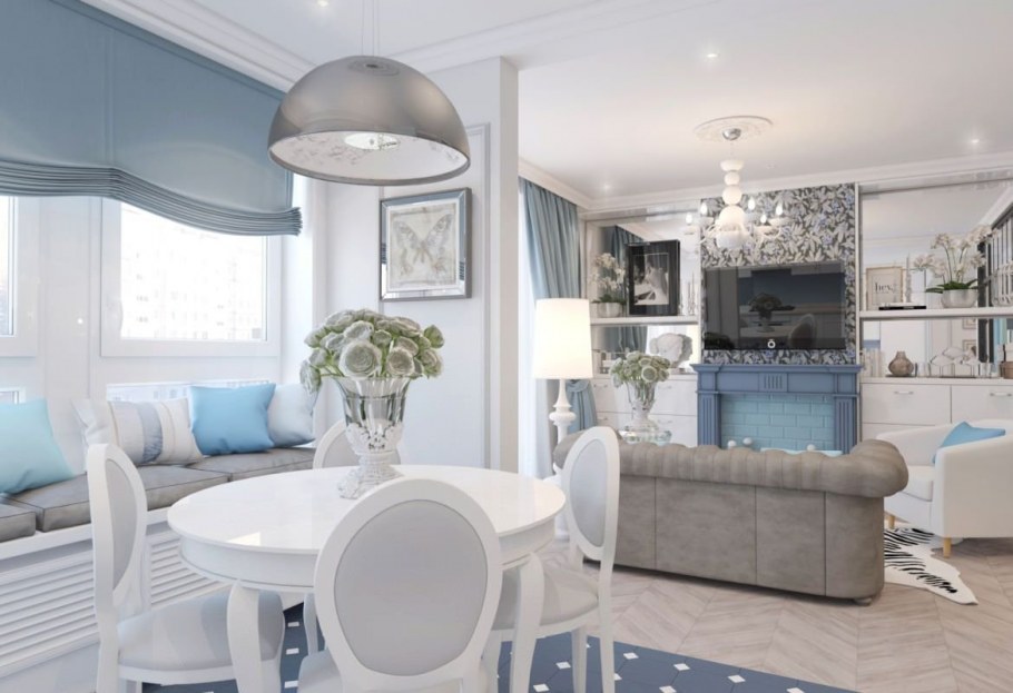 Кухня гостиная в бело голубых тонах