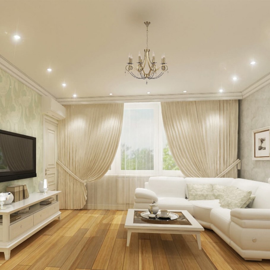 Натяжной потолок в спальне с точечными светильниками