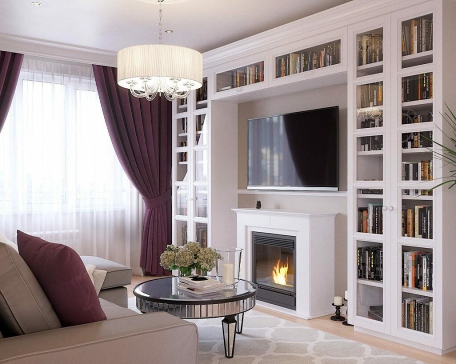 Гостиная с камином и шкафами