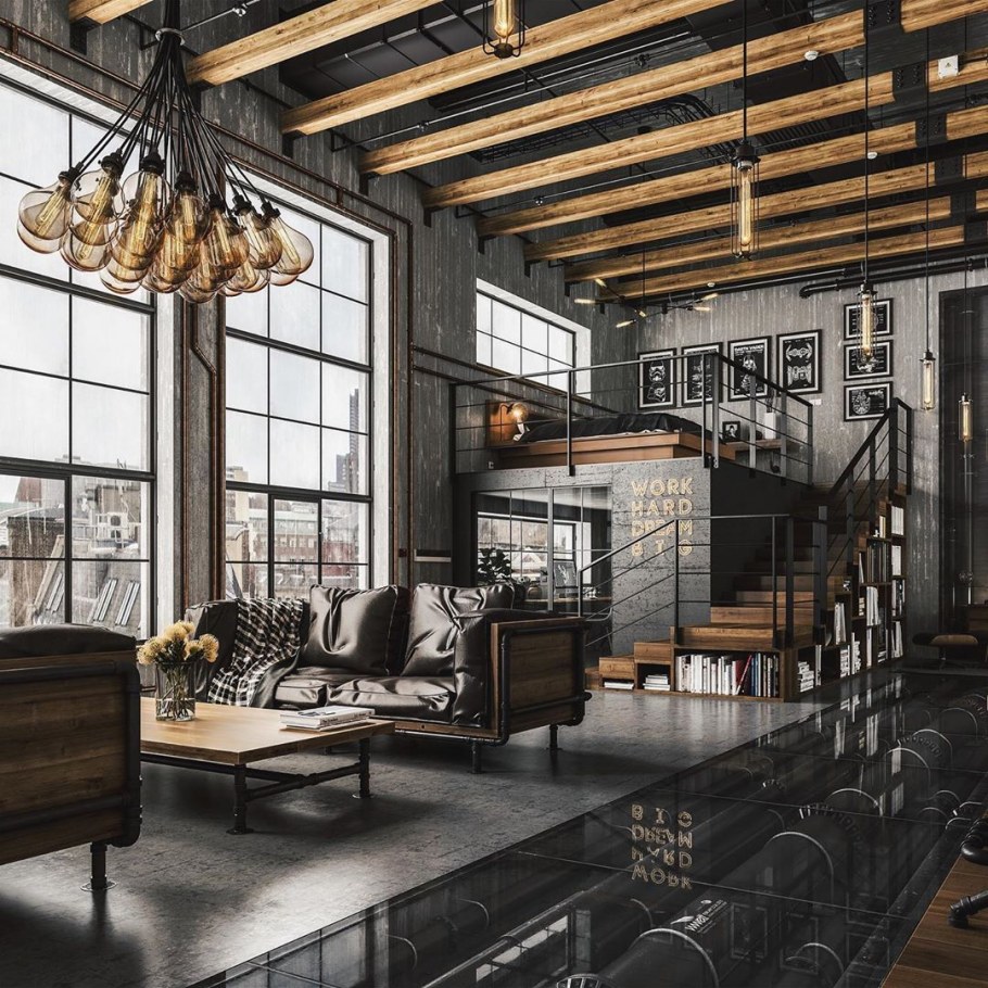 Гостиная лофт Индастриал интерьер
