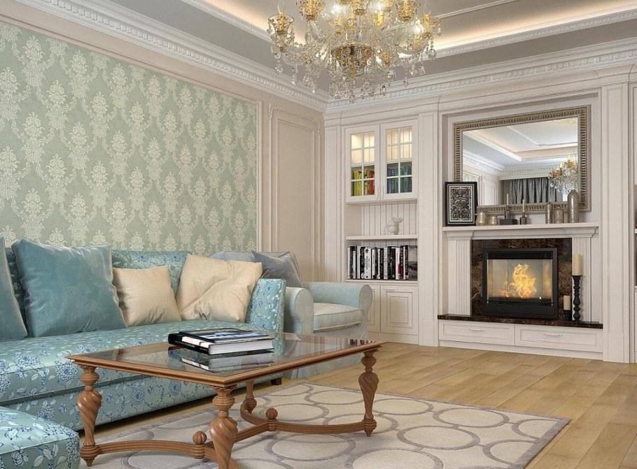 Гостиная в классическом стиле в светлых тонах