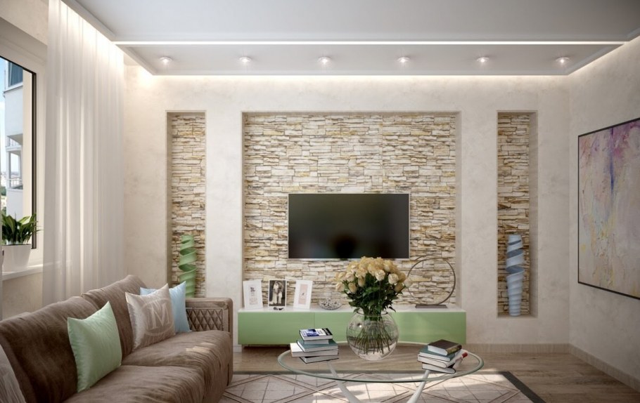 Отделка гостиной декоративным камнем